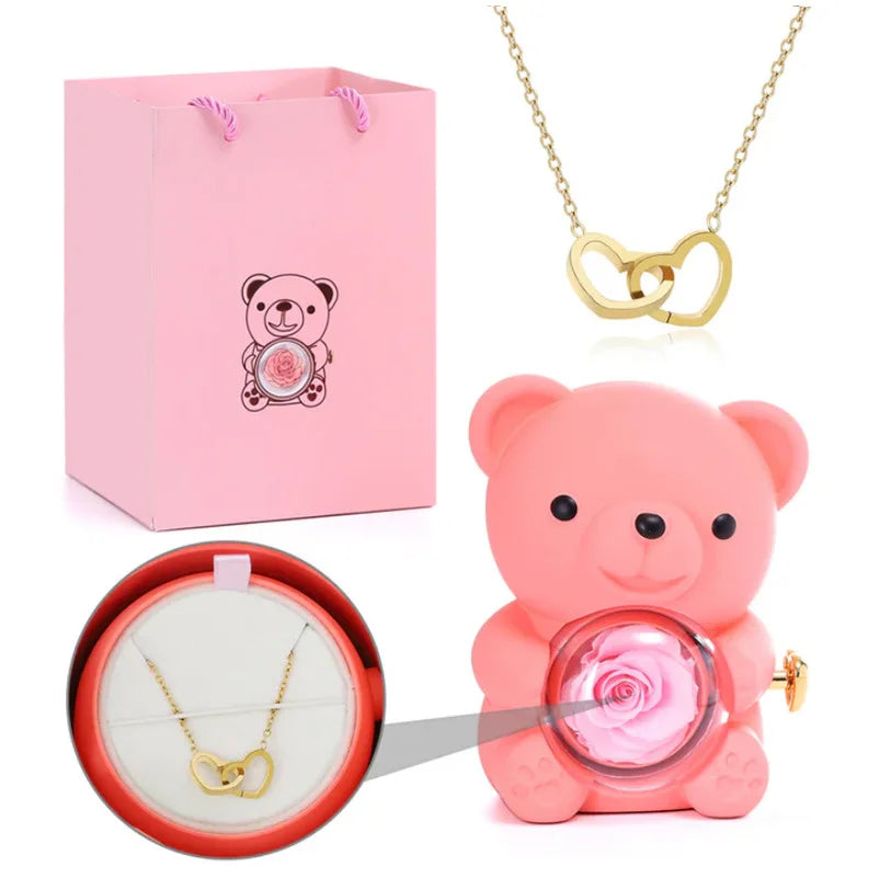 Ourson d'Amour avec Collier de Cœurs Entrelacés et Rose Séchée | Collier Personnalisable